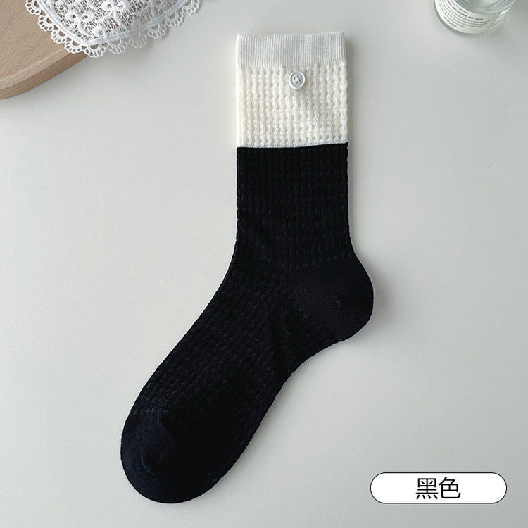 女襪|紐扣襪子女夏季薄款ins潮流拼色中筒襪無骨網眼透氣諸暨襪子批發「QP2515」25.04-2