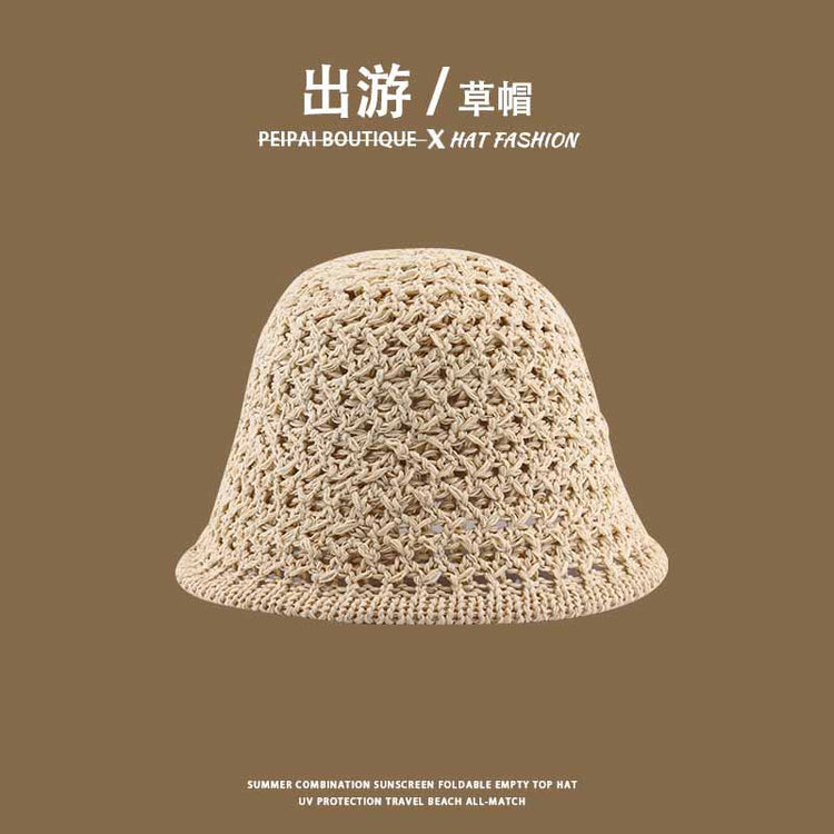 流行帽子|草帽編織女可折疊沙灘帽夏季鏤空透氣水桶帽甜美海邊遮陽帽子批發「C3748」24.03-4