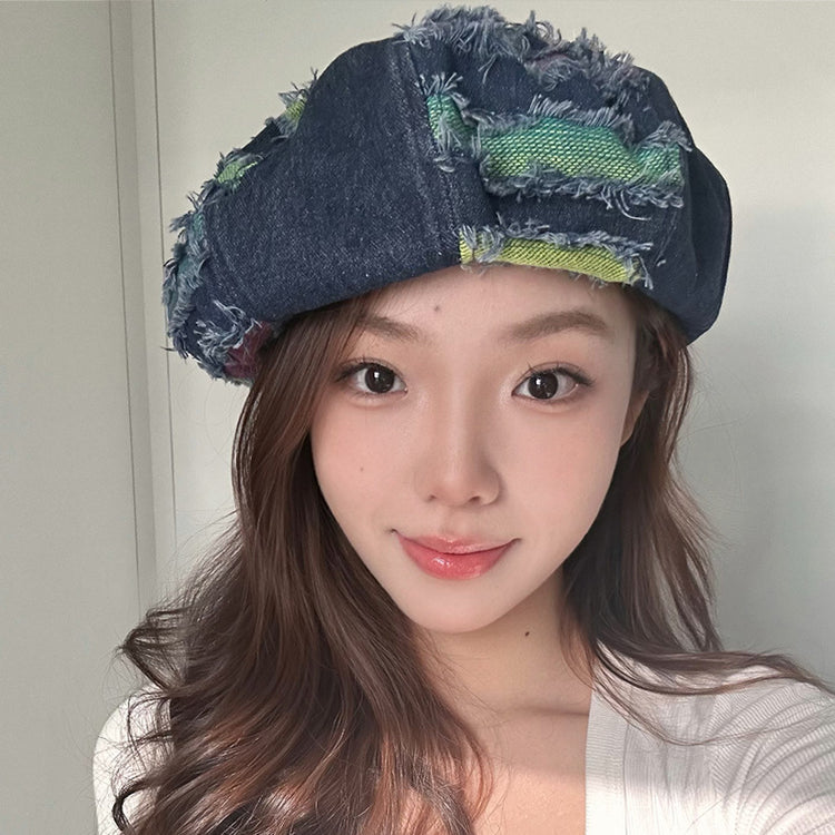 流行帽子 | 牛仔貝雷帽女春夏季新款做舊百搭破洞彩條畫家帽學生顯臉小八角帽「C3686」24.02-2