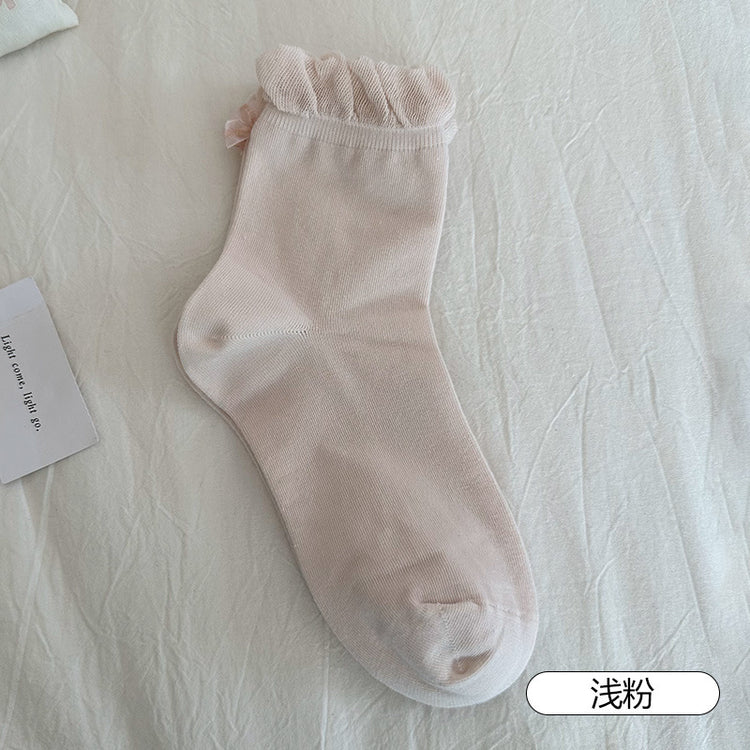女襪|後跟蝴蝶結襪子女春夏季ins潮花邊襪口中筒襪棉質吸汗透氣堆堆襪「SM2501」25.04-1