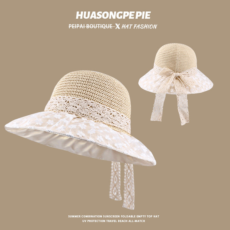 流行帽子|蕾絲系帶草帽夏季女帽子防曬學生戶外遮陽帽綁帶沙灘彩虹太陽帽子「C3929」24.05-2