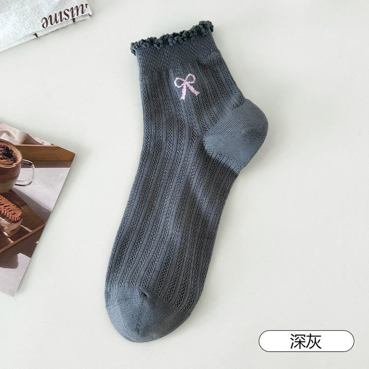 女襪|灰色蝴蝶結襪子女彈力木耳邊網眼吸汗透氣短襪親膚舒適休閒運動襪「WB0203」25.07-2