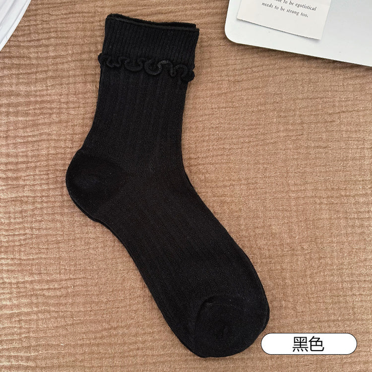 女襪|彈力木耳邊襪子女棉質吸汗透氣薄款堆堆襪竪條鏤空網眼舒適中筒襪「CX798」25.08-1