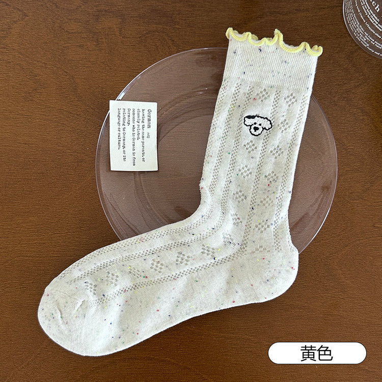 女襪|夏季薄款襪子女棉質吸汗透氣撞色木耳邊堆堆襪彈力親膚舒適中筒襪「MD25111」25.07-2