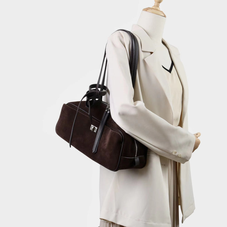 質感真皮|2025新款百搭輕奢磨砂牛皮波士頓大包單肩托特枕頭通勤保齡球包「X3989D3988」25.09-3