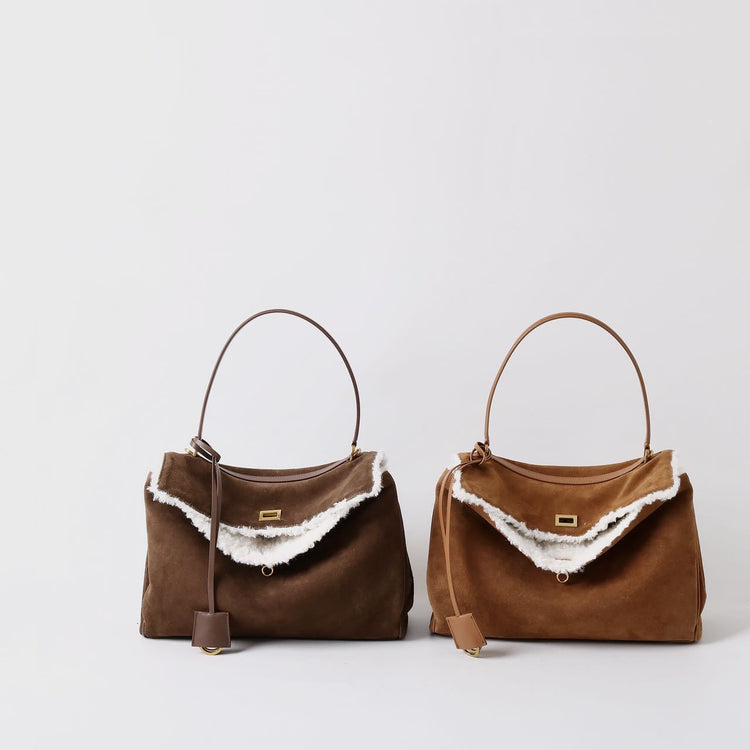 質感真皮|秋冬羊皮拼接磨砂牛皮腋下凱莉包鎖扣手提托特包通勤單肩斜挎大包「6138」24.11-4