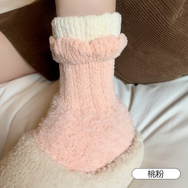 女襪|珊瑚絨襪子女秋冬季美拉德彈力保暖中筒襪加絨加厚居家睡眠地板襪「AD2415」24.11-2