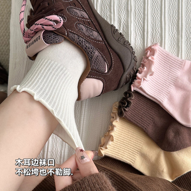 女襪|白色襪子女10A抑菌防臭學院風運動襪棉質吸汗透氣木耳邊無骨短襪「D25842」25.10-3