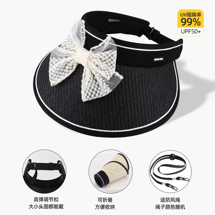 流行帽子|蕾絲蝴蝶結空頂帽女夏季黑膠防紫外線遮陽帽加寬帽檐沙灘太陽帽子「C3802」24.04-3
