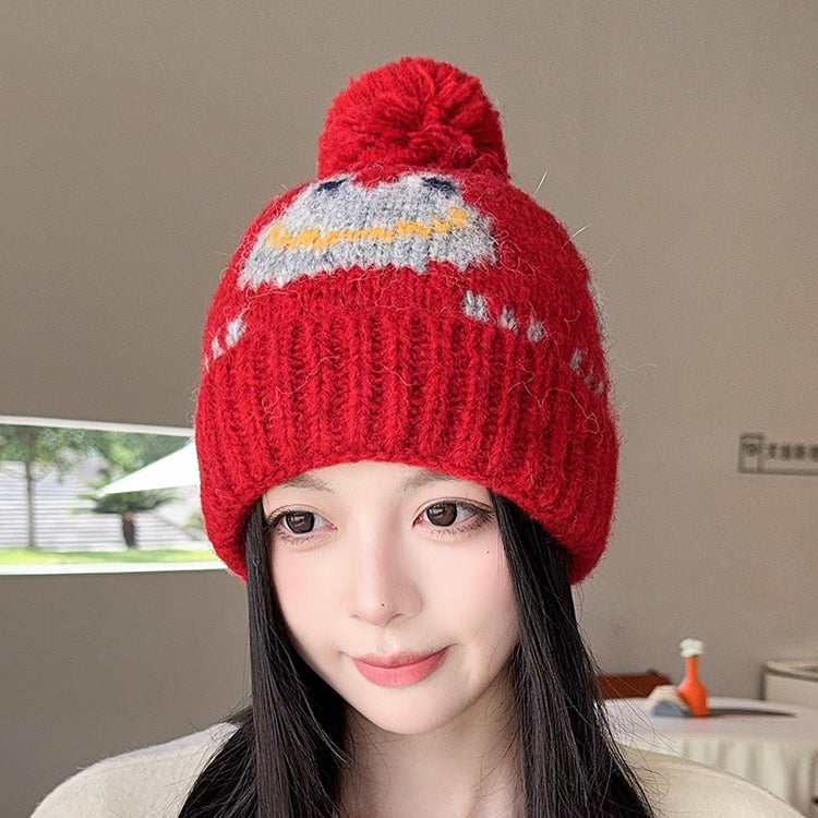 流行帽子|2025新款可愛提花青蛙毛球毛線帽子女秋冬保暖護耳針織帽男套頭帽「C5569」25.09-2