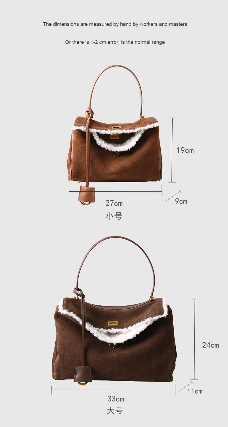 質感真皮|秋冬羊皮拼接磨砂牛皮腋下凱莉包鎖扣手提托特包通勤單肩斜挎大包「6138」24.11-4