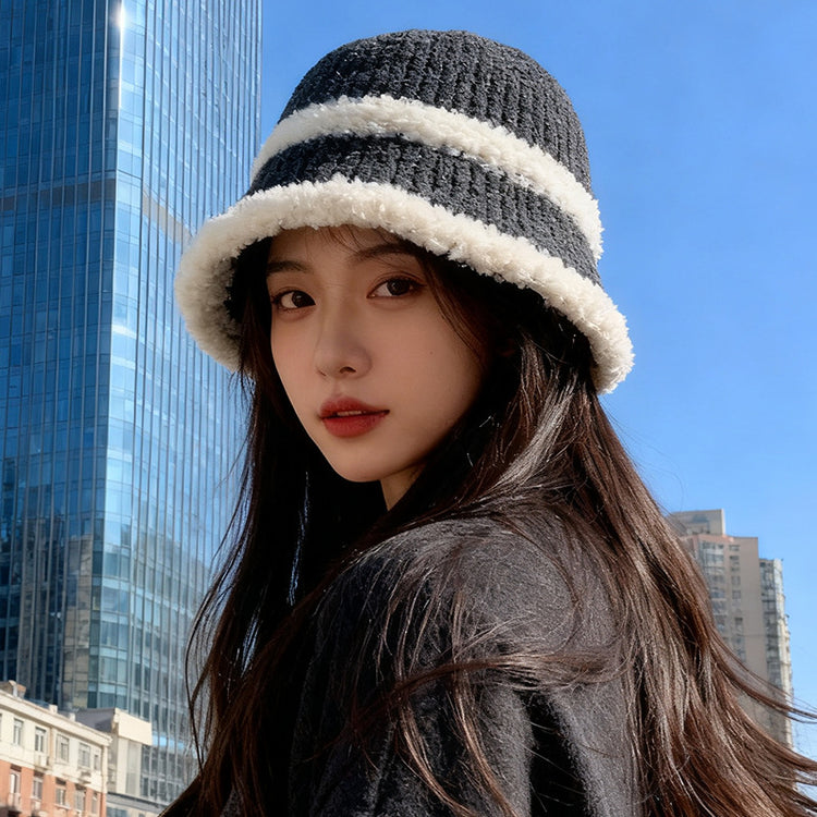 流行帽子|2025新款大頭圍帽子女保暖漁夫帽護耳百搭針織帽韓版戶外條紋盆帽「C2621A」25.10-3