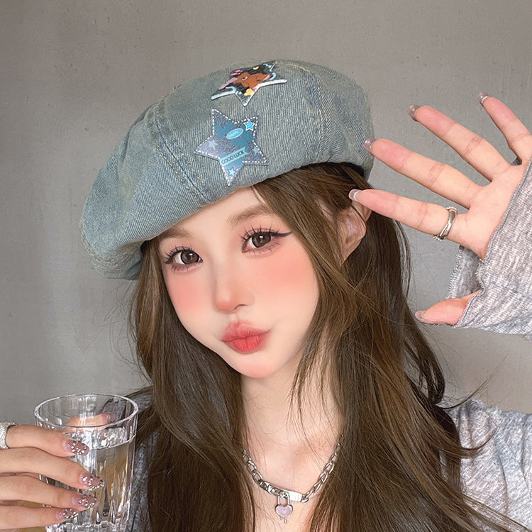 流行帽子|復古牛仔貝雷帽女春秋卡通小熊畫家帽小眾簡約時尚顯臉小蓓蕾帽子「C4165」24.07-5