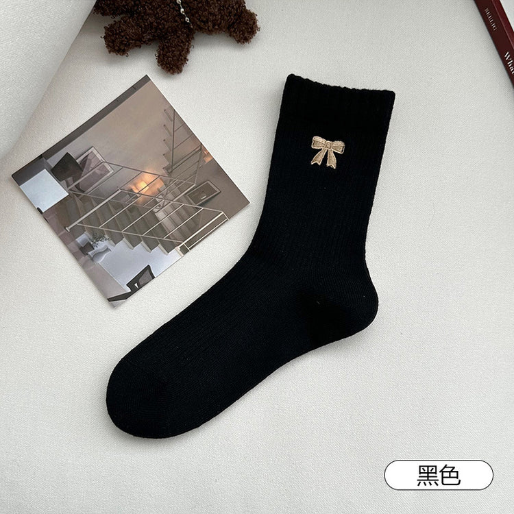 女襪|美拉德襪子女秋冬ins潮棉質吸汗透氣中筒襪韓系蝴蝶結彈力堆堆襪「MYH24151」25.10-3