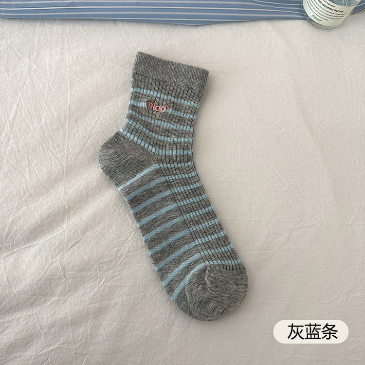 女襪|條紋襪子女棉質親膚舒適ins潮彈力中筒春夏季薄款吸濕透氣堆堆襪「MK5076」25.02-3