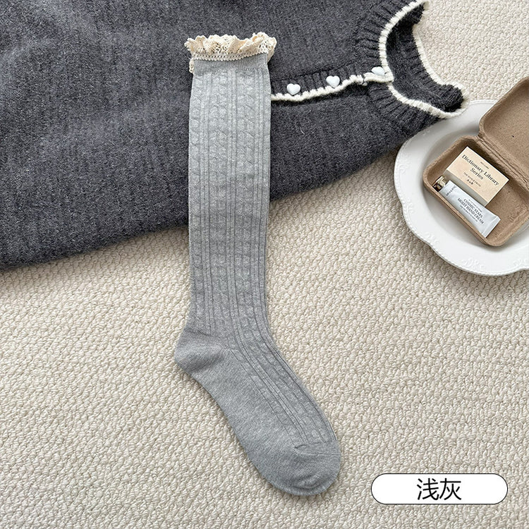女襪|白色襪子女ins潮蕾絲花邊襪口小腿襪棉質吸汗透氣彈力無骨長筒襪「XC2365」25.09-4