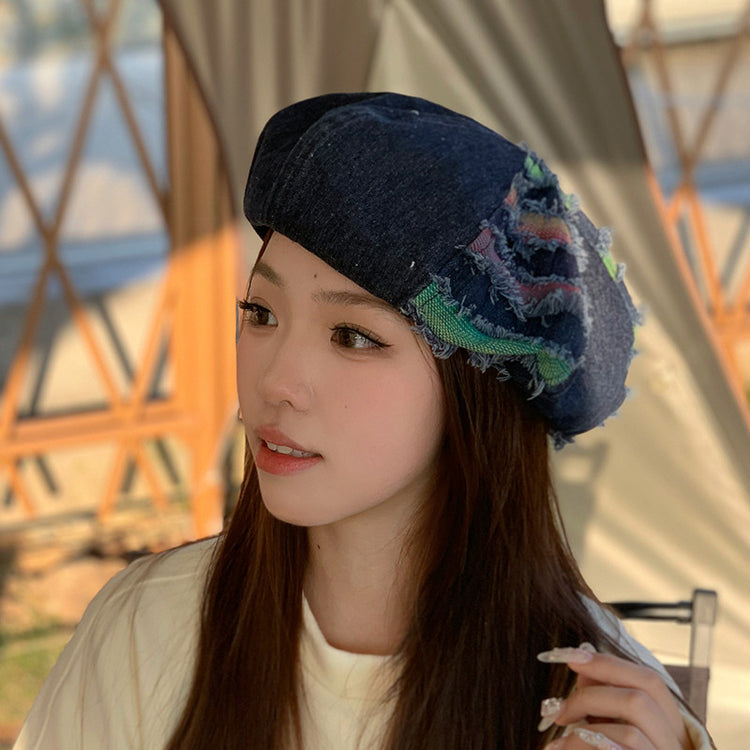 流行帽子 | 牛仔貝雷帽女春夏季新款做舊百搭破洞彩條畫家帽學生顯臉小八角帽「C3686」24.02-2