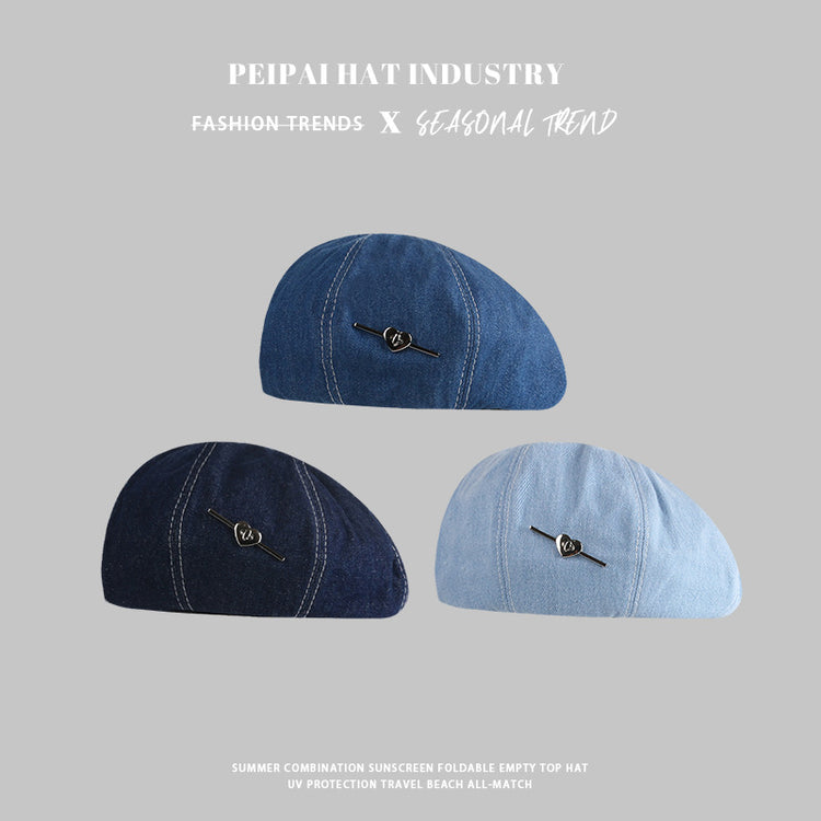 流行帽子|愛心藍色水洗牛仔貝雷帽女2024新款小眾復古顯臉小大頭圍畫家帽子「C4291」24.09-3