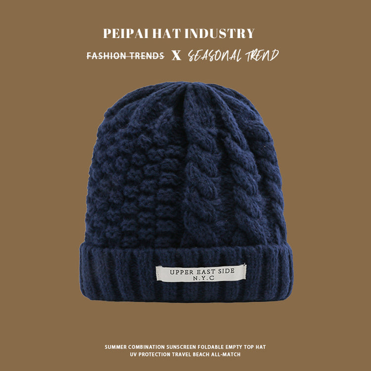 流行帽子|麻花針織帽冬天韓版百搭保暖護耳毛線帽防寒套頭帽NYC字母帽子女「C1431」25.01-1