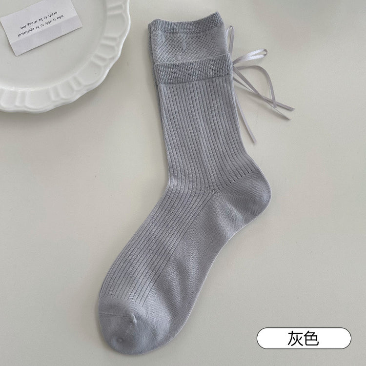 女襪|miu系蝴蝶結襪子女棉質吸汗網眼透氣堆堆襪親膚舒適彈力襪子「SX1042」25.08-1