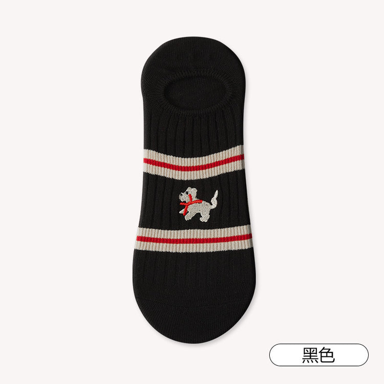 女襪|刺繡小狗襪子女雙針棉質吸汗透氣淺口隱形襪學院風彈力耐穿短襪「YM1192」25.07-3