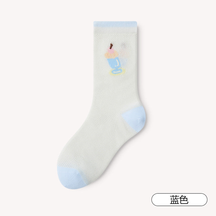 女襪|卡通圖案襪子女春夏季ins潮流薄款網眼中筒襪棉質親膚透氣堆堆襪「MS5001」25.02-3