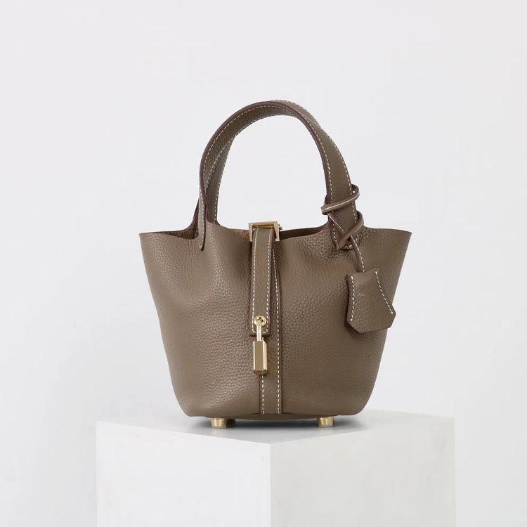 質感真皮|2025年新款時尚軟牛皮水桶包togo頭層牛皮h家菜籃子百搭通勤手提包「80900」25.04-4