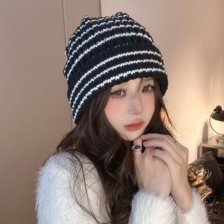 流行帽子|秋冬季保暖防寒帽子百搭純色拼色條紋針織帽韓版顯臉小毛線帽冷帽「C3340」24.11-4