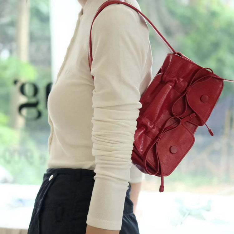 質感真皮|2024新款個性設計抽繩手提包單肩斜背包韓版辣妹廢土風多口袋包「7822」24.07-5