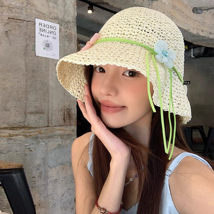 流行帽子|法式花朵草帽子女夏新款海邊度假防曬遮陽帽顯臉小草編漁夫太陽帽「C5165」25.04-2