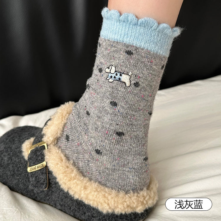 女襪|羊毛襪子女秋冬加厚保暖卡通刺繡毛中筒襪韓系ins潮花邊堆堆襪「AM25122」25.12-2