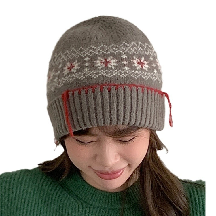 流行帽子|聖誕雪花~24新款冬季保暖毛線帽女復古百搭檐系紅繩針織帽毛線帽「C4739」24.10-5