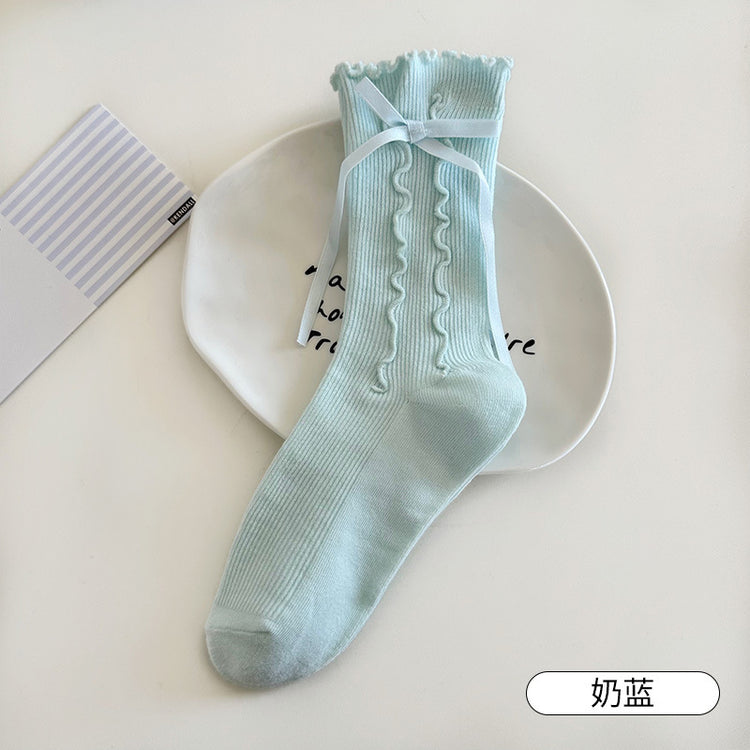 女襪|miu系蝴蝶結襪子女棉質吸汗透氣彈力中筒襪親膚舒適木耳邊堆堆襪「CX673」25.08-4