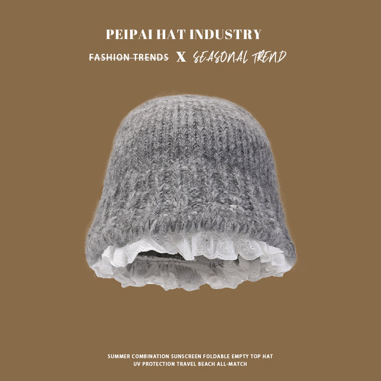 流行帽子|甜美純色白色花邊毛線帽女秋冬韓系保暖顯臉小盆帽針織毛線帽子女「C4628」24.10-3