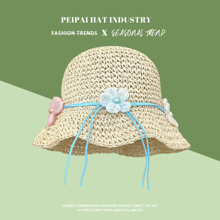 流行帽子|法式花朵草帽子女夏新款海邊度假防曬遮陽帽顯臉小草編漁夫太陽帽「C5165」25.04-2