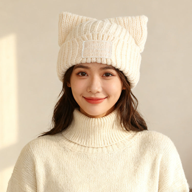 流行帽子|新款蕾絲貼布貓耳針織帽子女秋冬保暖毛線帽時尚百搭顯臉小包頭帽「C5801」25.11-2