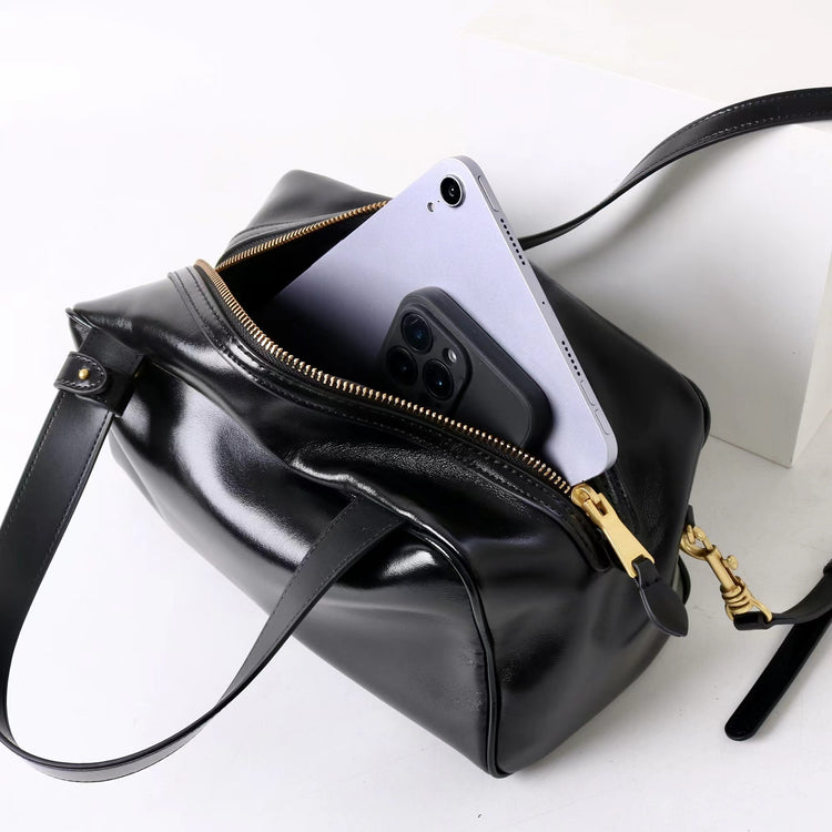 質感真皮|2025新款時尚牛皮手柄保齡球波士頓手提包小眾設計休閒百搭斜背包「8566」25.09-2