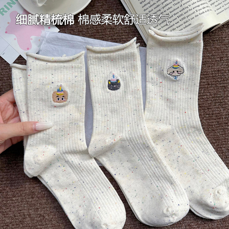 女襪|點子紗襪子女棉質吸汗透氣防臭堆堆襪彈力無骨卷邊卡通刺繡中筒襪「M24173」25.09-5