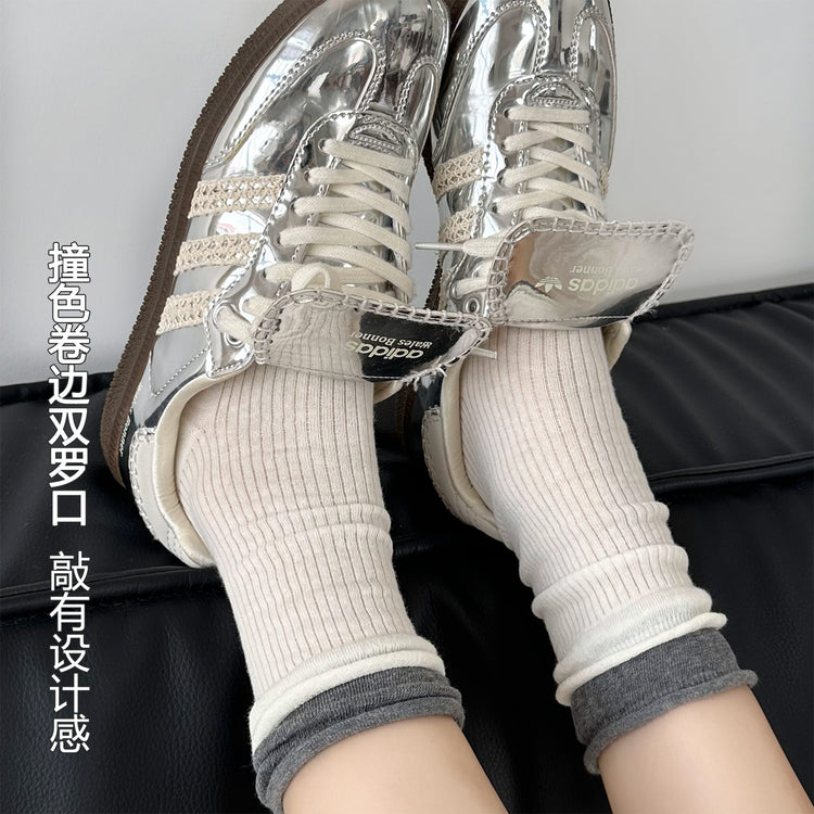 女襪|拼色雙羅口襪子女棉質親膚吸汗透氣中筒襪彈力無骨潮流簡約堆堆襪「MK5084」25.06-1