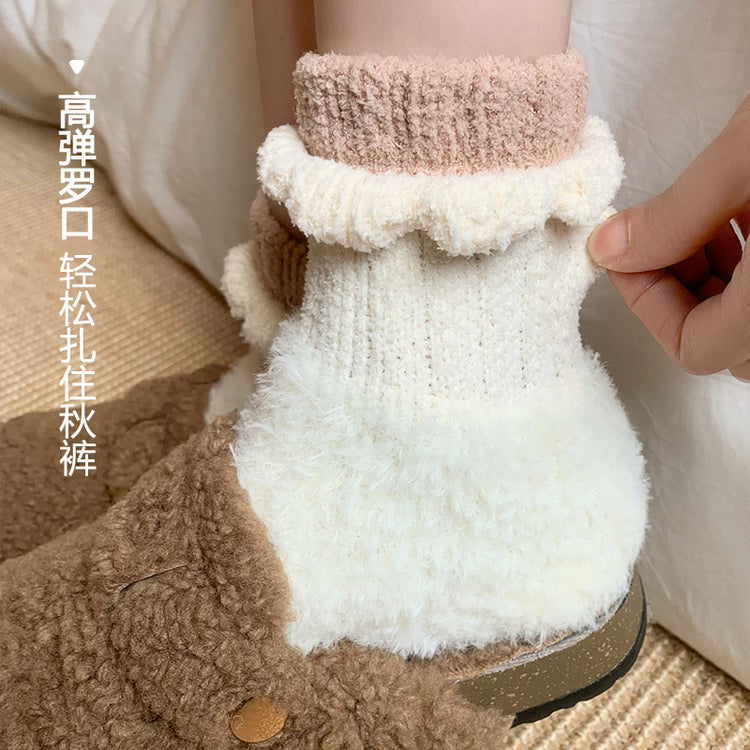 女襪|珊瑚絨襪子女秋冬季美拉德彈力保暖中筒襪加絨加厚居家睡眠地板襪「AD2415」24.11-2