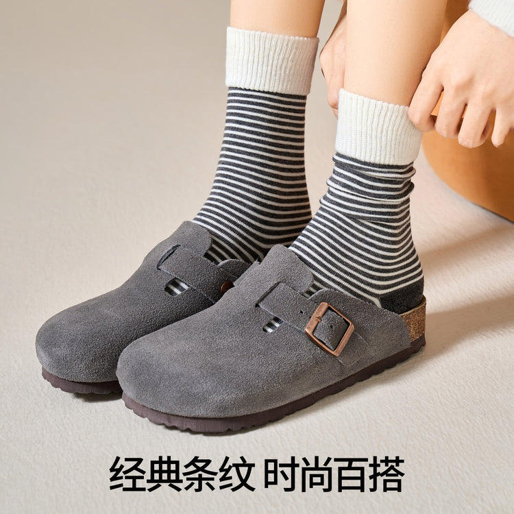 女襪|美利奴羊毛襪子女冬季加厚保暖條紋中筒襪彈力無骨親膚舒適堆堆襪「TY139」25.10-4