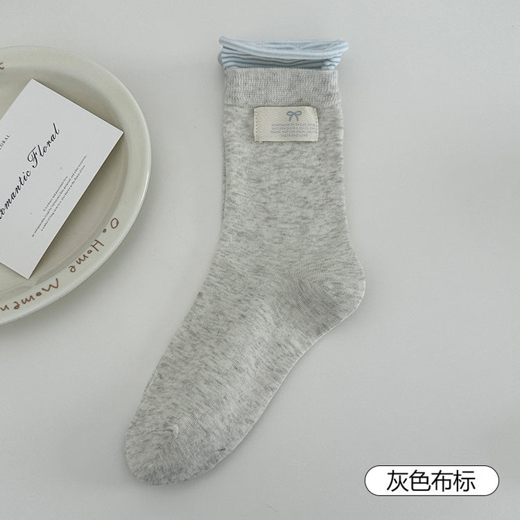 女襪|翻邊紐扣襪子女棉質吸汗透氣彈力中筒襪miu系芭蕾風襪子批發「JFT25820」25.07-1