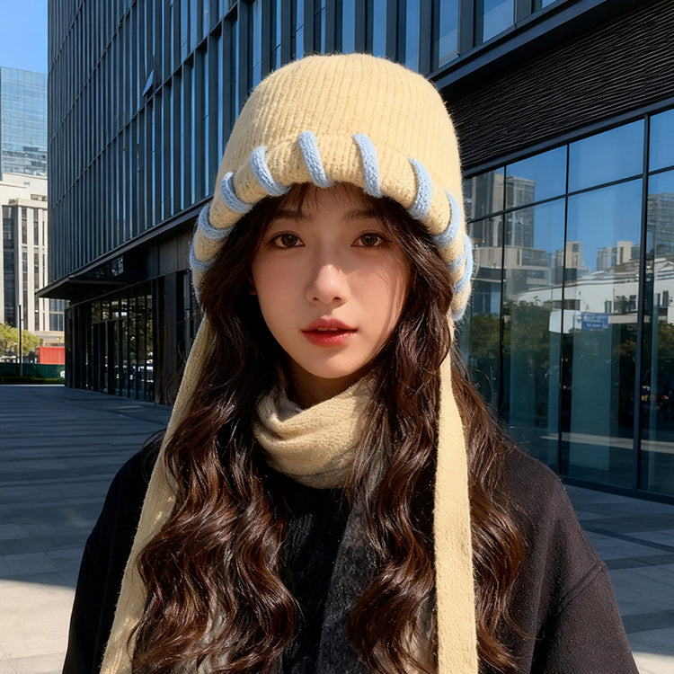 流行帽子|秋冬新款保暖帽子女防寒護耳帽大頭圍顯臉小針織毛線帽系帶套頭帽「C5699」25.10-2