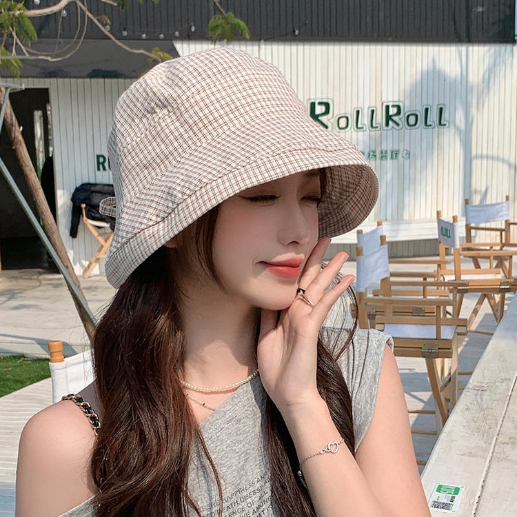 流行帽子|夏季新款格子帽子女蝴蝶結綁帶漁夫帽韓系百搭顯臉小防曬遮陽帽潮「C5262」25.05-2