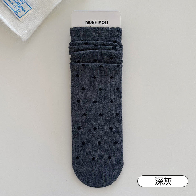 女襪|復古波點襪子女彈力花邊親膚舒適中筒襪棉質吸汗透氣堆堆襪「YJ24136」25.09-1