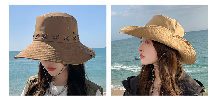 流行帽子|夏季露營帽復古西部牛仔大帽簷遮陽防曬戶外登山帽子釣魚漁夫帽「C3697」24.03-2