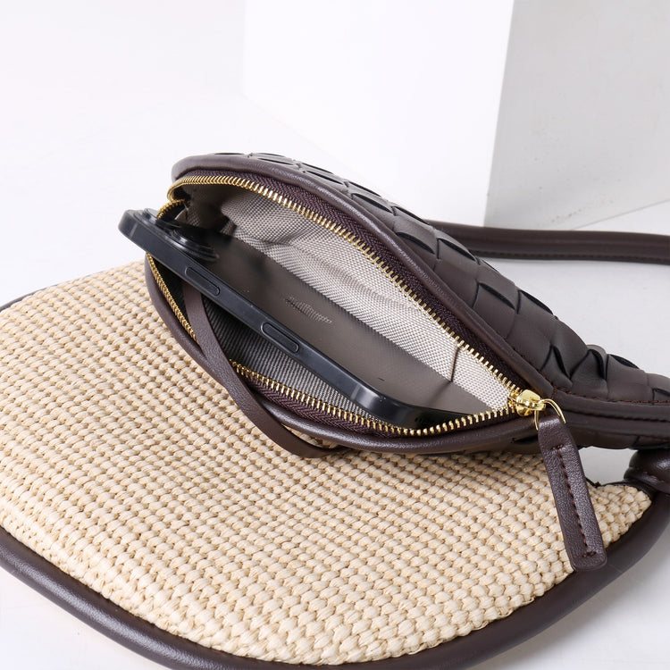 質感真皮|2025新款拉菲草編拼牛皮雙子包拼色月亮包度假單肩腋下包時尚編織包「9781-1」25.07-1