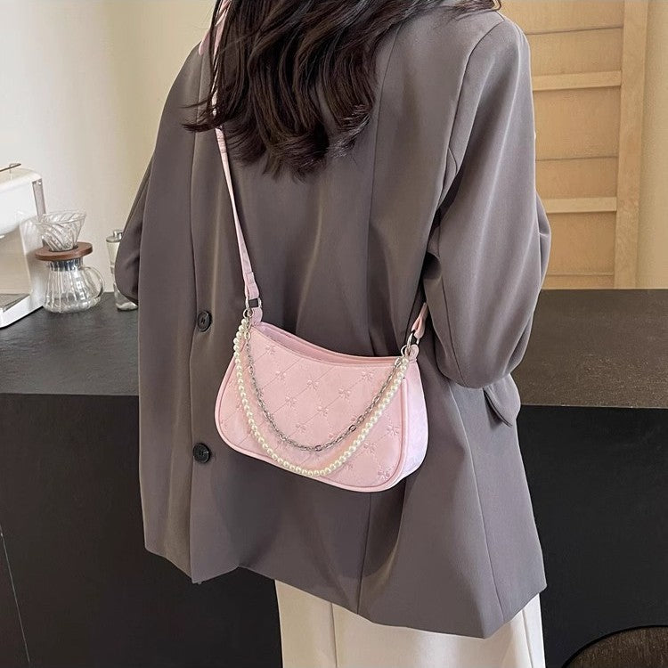日韓流行 | 粉紅蝴蝶法國包女2025新款珍珠金屬鏈菱格腋下包休閒單肩斜背包「9332#」25.04-3