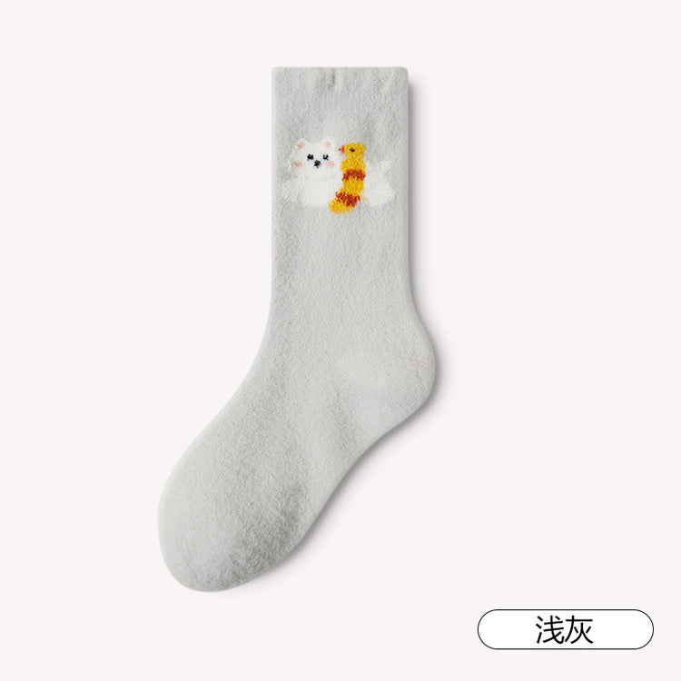女襪|卡通澳絨襪子女秋冬季加絨加厚保暖澳絨中筒襪居家親膚舒適睡眠襪「DJ1009」24.12-3