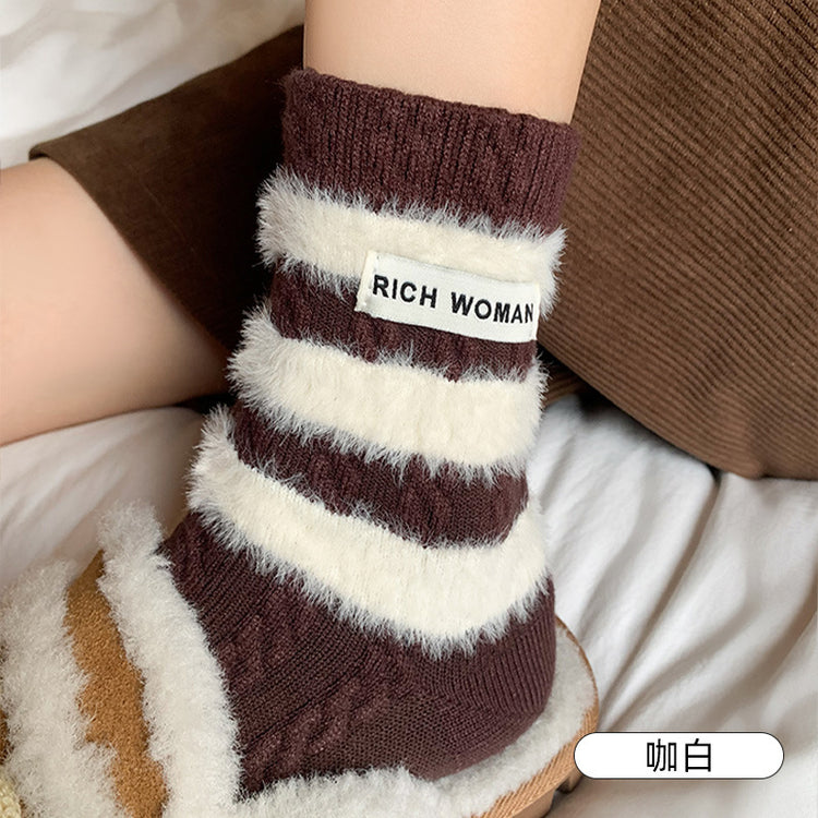 女襪|美拉德條紋羊毛襪秋冬加絨加厚保暖中筒襪時尚布標ins潮流睡眠襪「MK4225」24.11-1